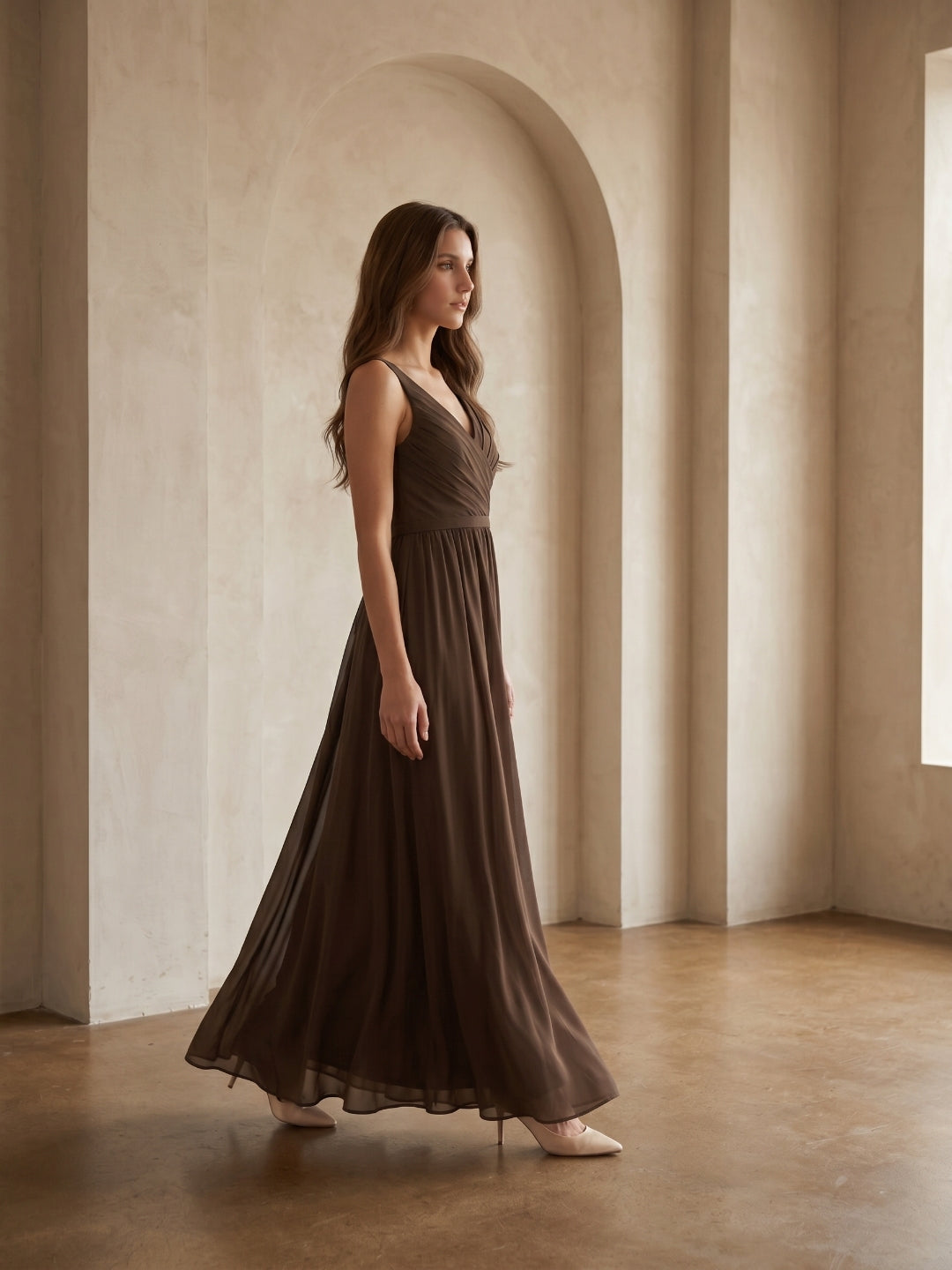 Mocha Chiffon A-Line V-Neck V-Back Floor-Length Bridesmaid Dress with Bow