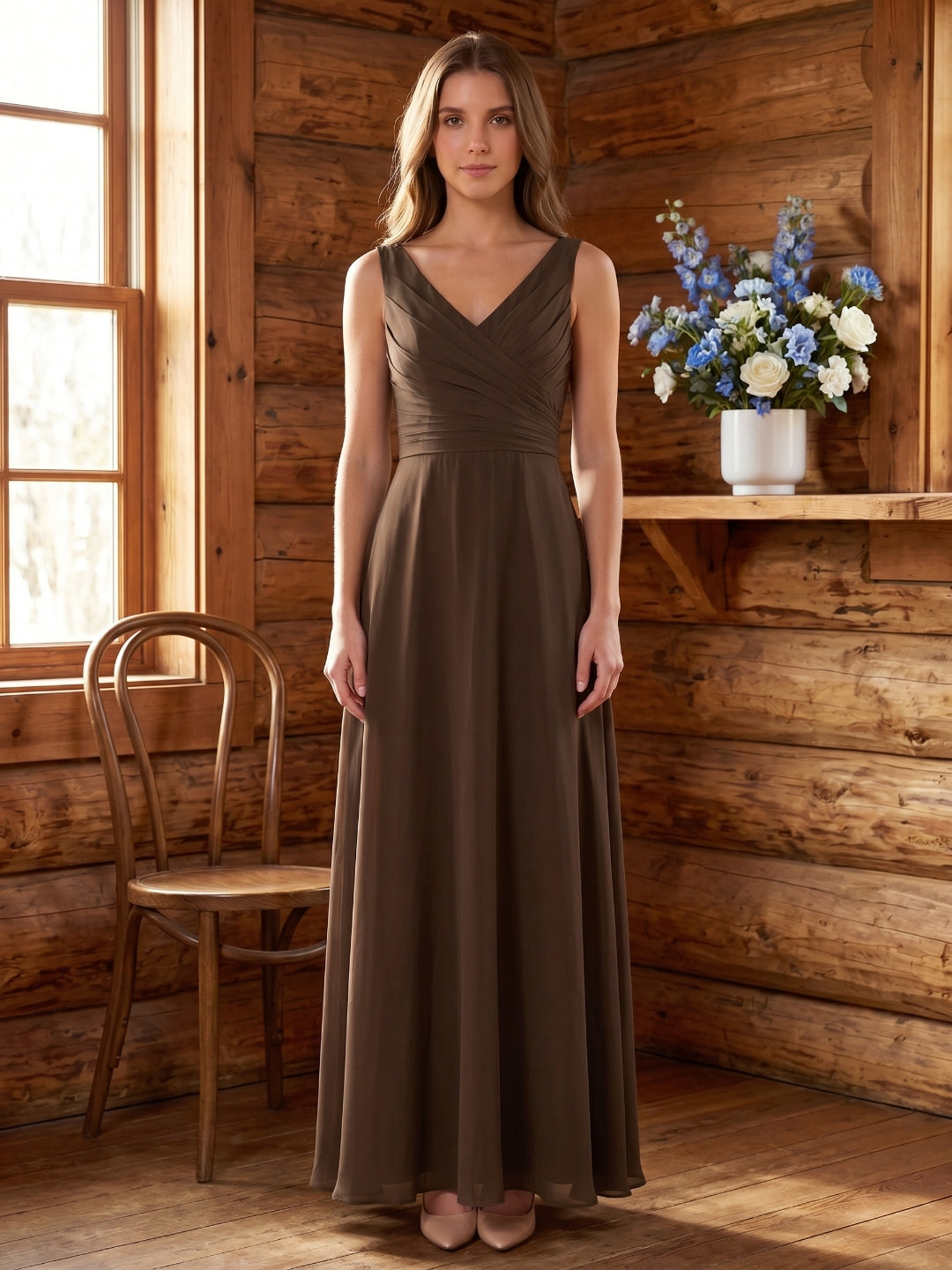 Mocha Chiffon A-Line V-Neck V-Back Floor-Length Bridesmaid Dress with Pockets