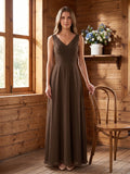 Mocha Chiffon A-Line V-Neck V-Back Floor-Length Bridesmaid Dress with Pockets