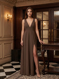 Mocha Chiffon A-Line V-Neck V-Back Floor-Length Pleated Bridesmaid Dress