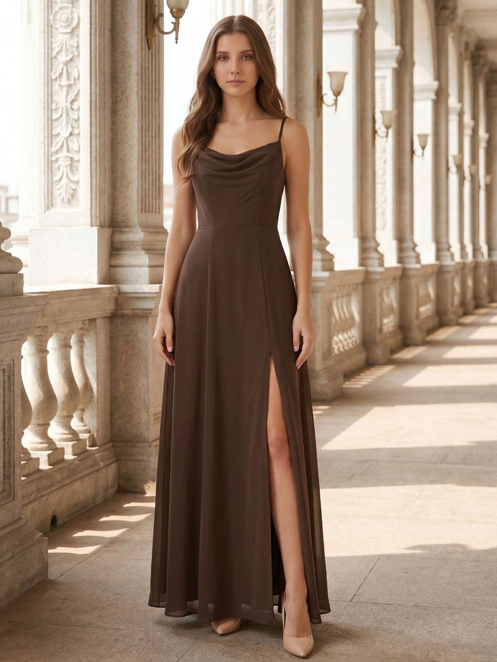Mocha Chiffon Sheath Cowl Neck Backless Ankle-Length Bridesmaid Dress