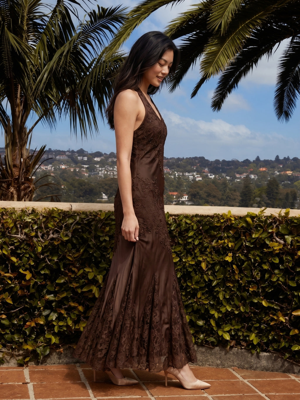 Mocha Jacquard A-Line V-Neck Backless Knee-Length Prom Dress