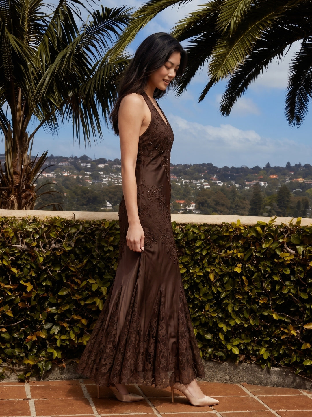 Mocha Jacquard A-Line V-Neck Backless Knee-Length Prom Dress