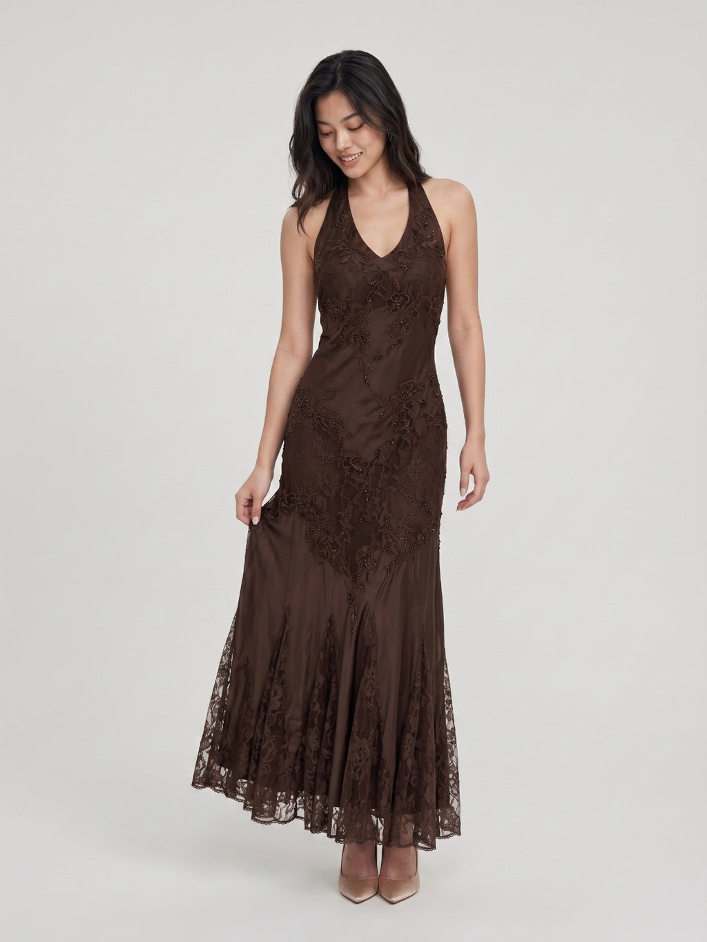 Mocha Jacquard A-Line V-Neck Backless Knee-Length Prom Dress