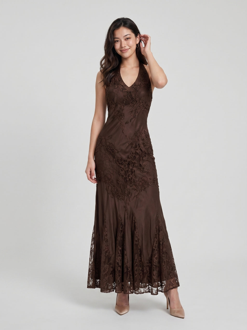 Mocha Jacquard A-Line V-Neck Backless Knee-Length Prom Dress