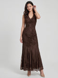 Mocha Jacquard A-Line V-Neck Backless Floor-Length Prom Dress