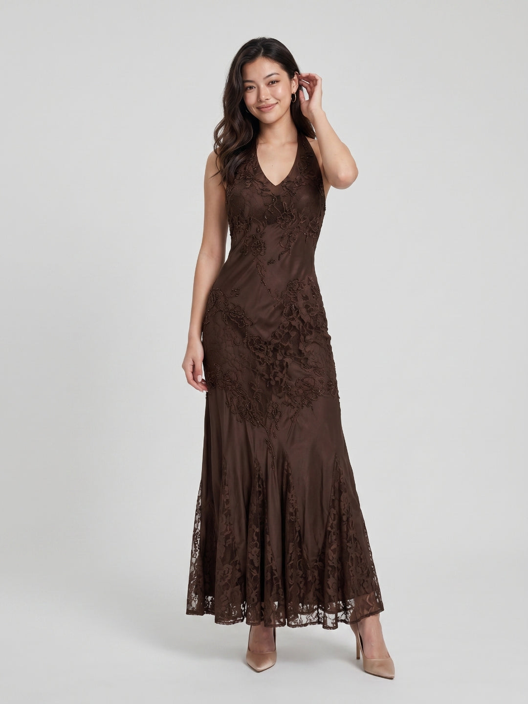 Mocha Jacquard A-Line V-Neck Backless Knee-Length Prom Dress