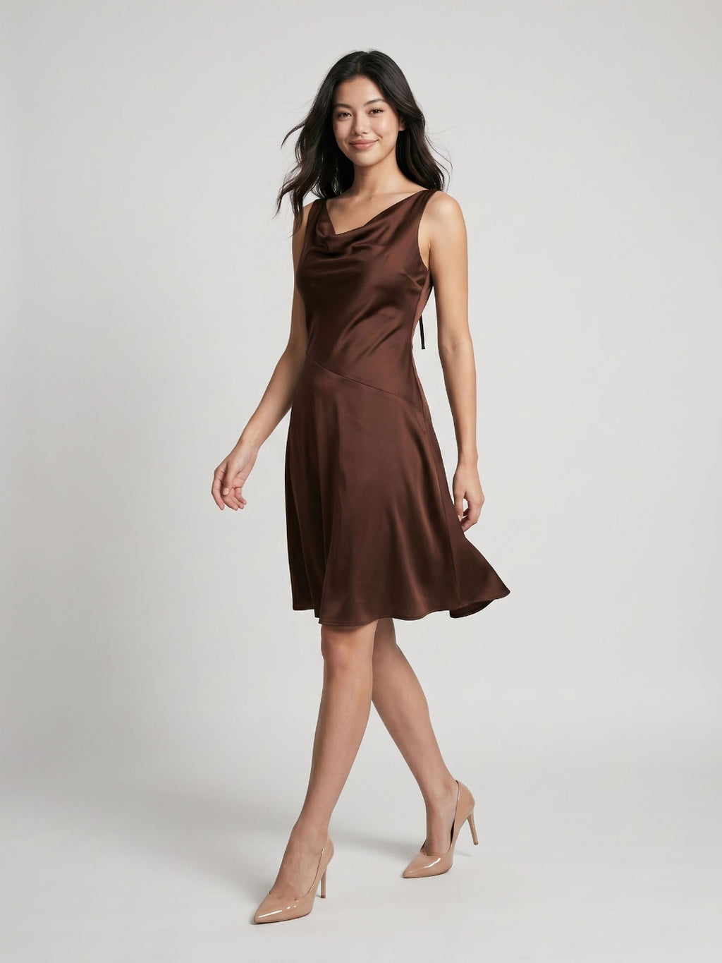 Mocha Satin A-Line Cowl Neck Backless Knee-Length Dress with Bow