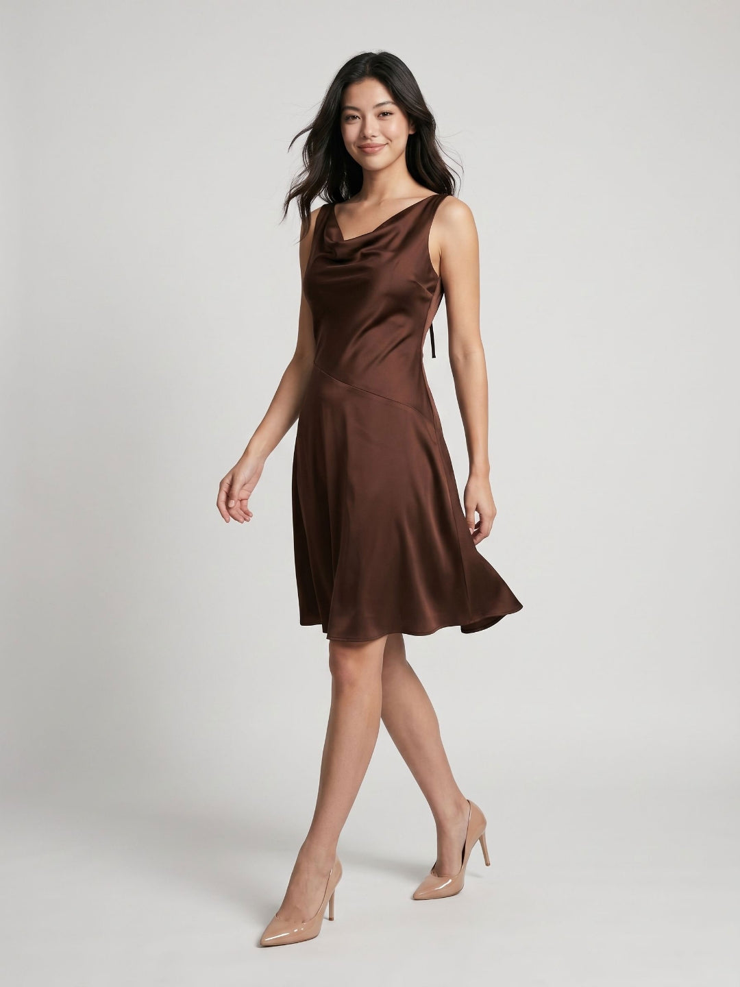 Mocha Satin A-Line Cowl Neck Backless Knee-Length Dress with Bow