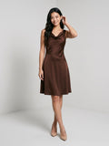Mocha Satin A-Line Cowl Neck Backless Knee-Length Dress with Bow