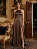 Mocha Satin A-Line Halter Criss-Cross Back Floor-Length Bridesmaid Dress