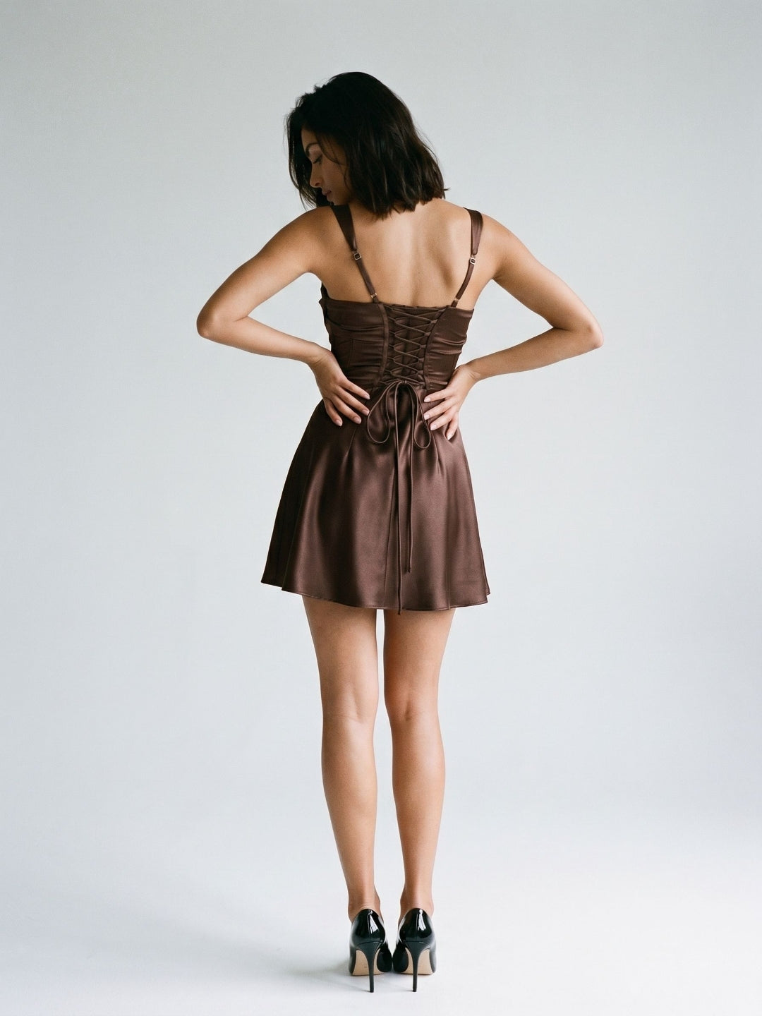 Mocha Satin A-Line Square Neck Lace-Up Back Short Dress with Pleating