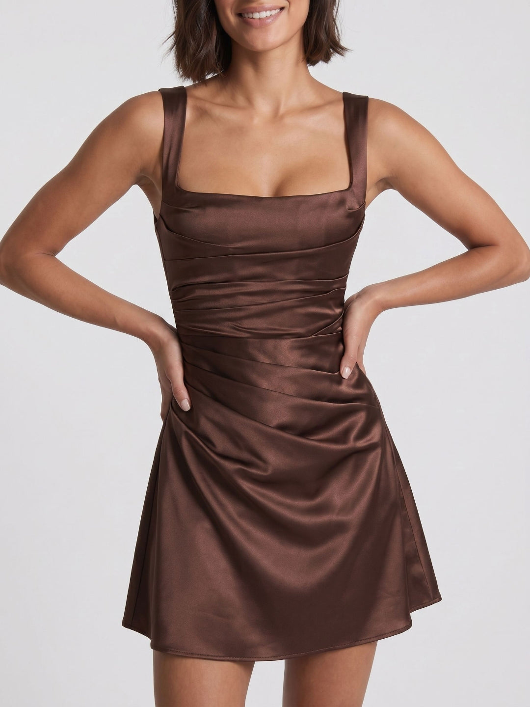 Mocha Satin A-Line Square Neck Lace-Up Back Short Dress with Pleating