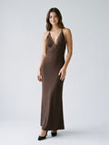Mocha Stretch Knit Column Halter Neckline Backless Floor-Length Formal Dress