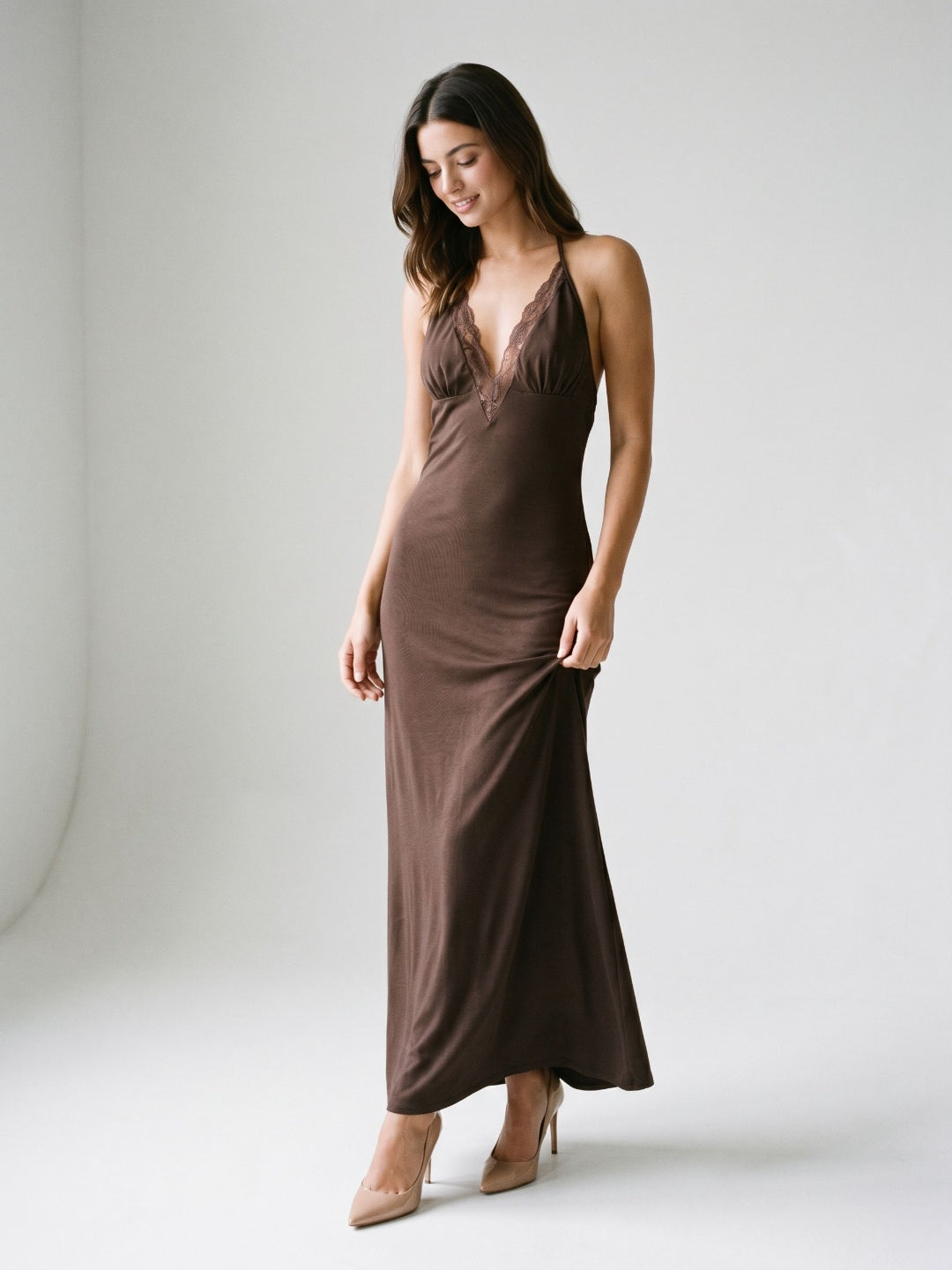Mocha Stretch Knit Column Halter Neckline Backless Floor-Length Formal Dress