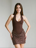 Mocha Stretch Knit Sheath Halter Neckline Backless Short Dress with Sequins