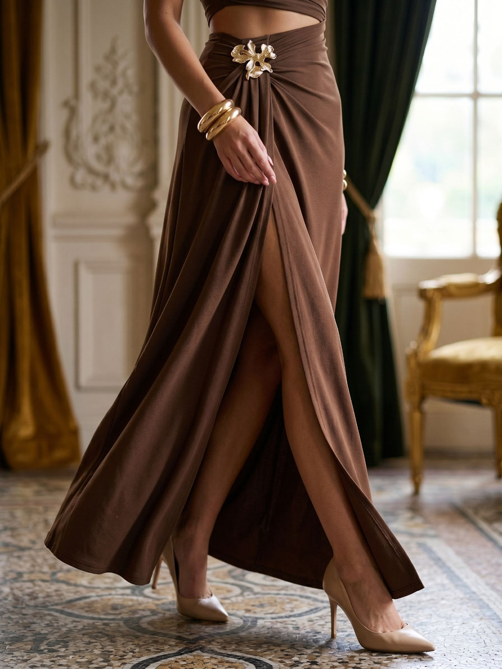 Mocha Stretch Knit Sheath Halter Neckline Side Zip Floor-Length Evening Dress