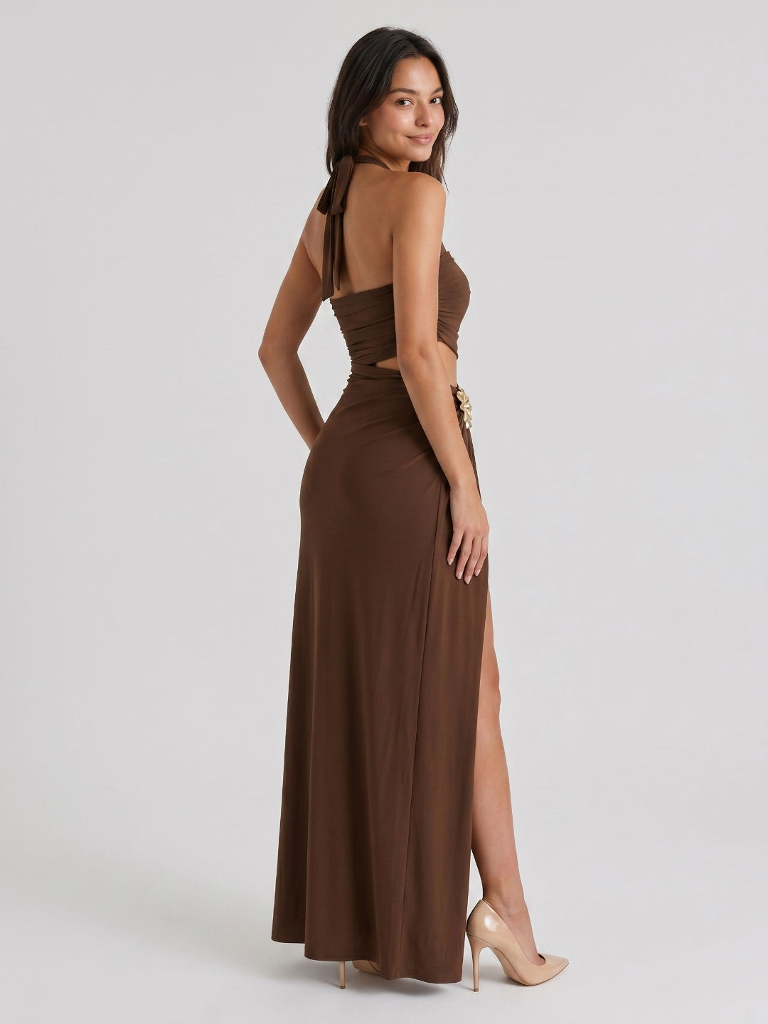 Mocha Stretch Knit Sheath Halter Neckline Side Zip Floor-Length Evening Dress