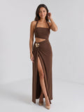 Mocha Stretch Knit Sheath Halter Neckline Side Zip Floor-Length Evening Dress