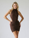Mocha Stretch Knit Sheath Scoop Neck Backless Short Dress with Pleating