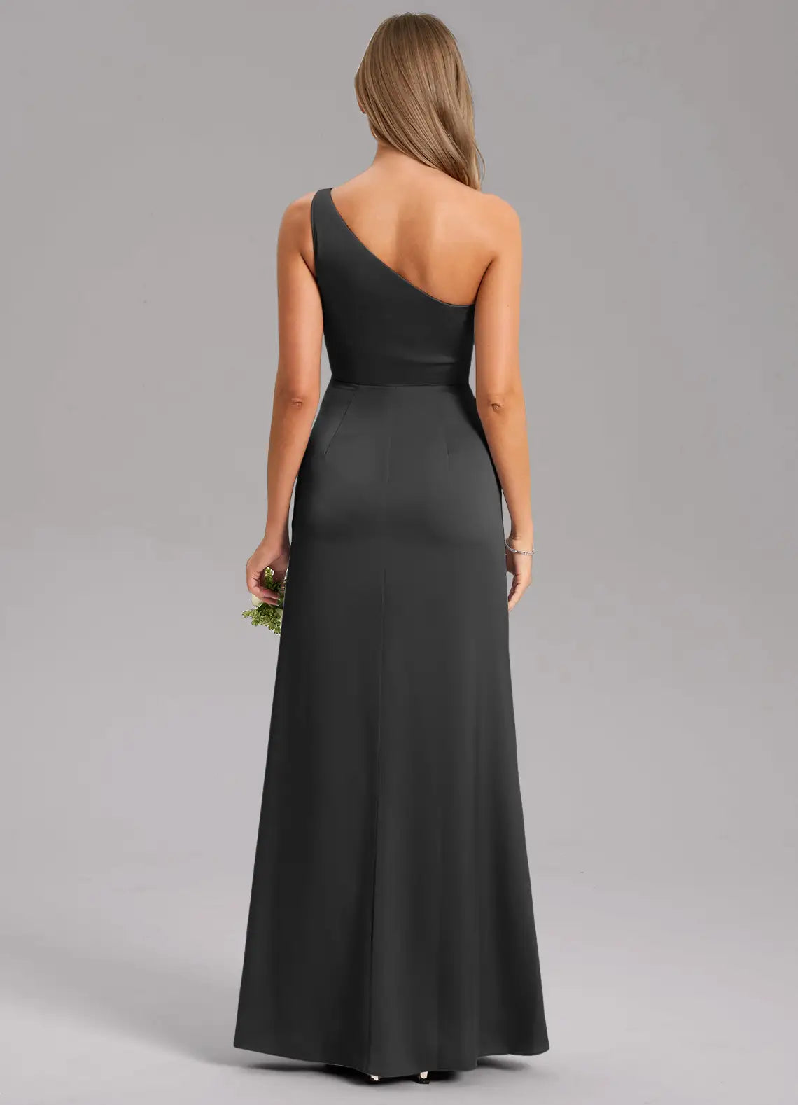 Modern Sheath Satin One Shoulder Sleeveless Open Back Floor Length Bridesmaid Dress
