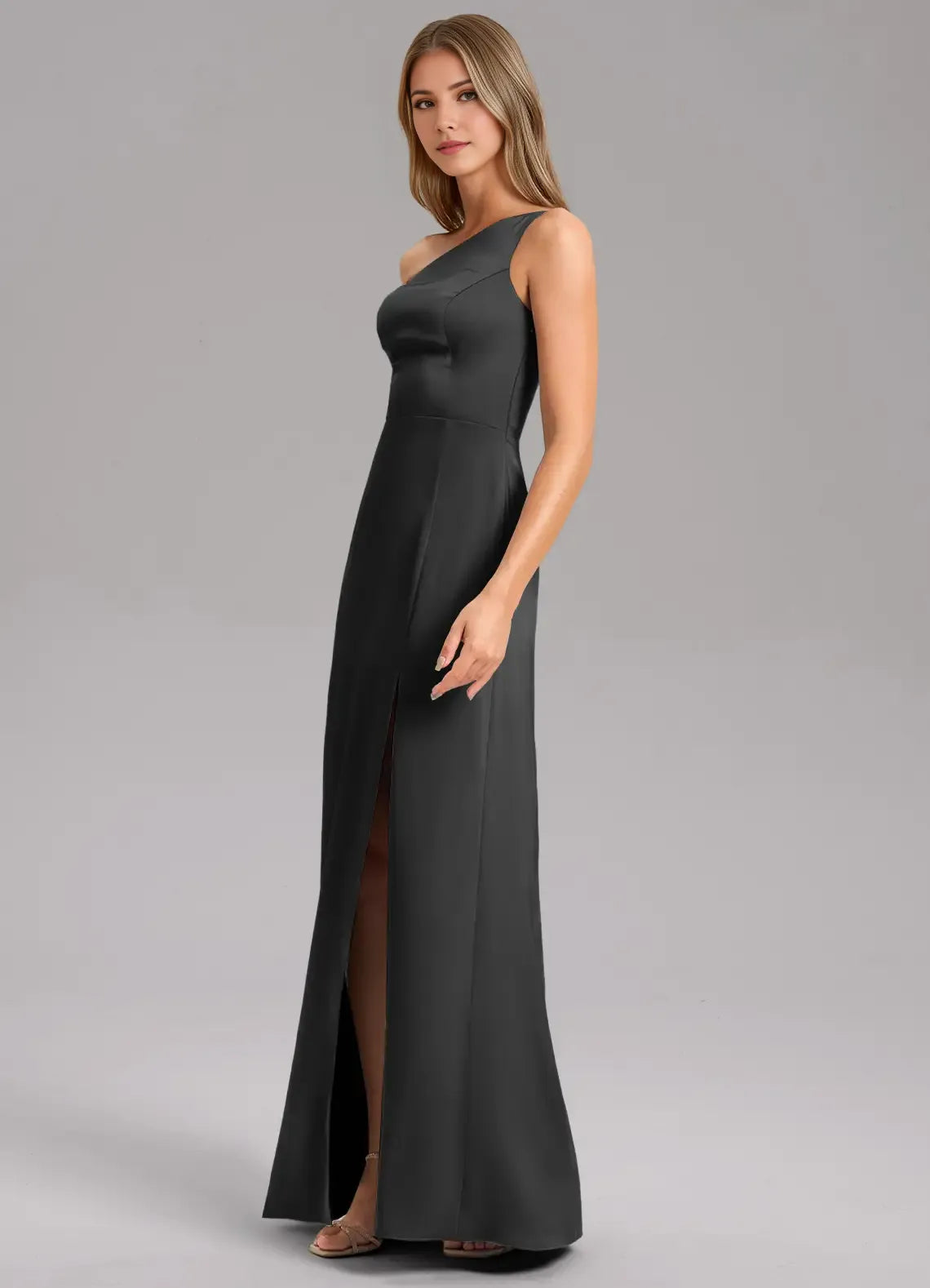 Modern Sheath Satin One Shoulder Sleeveless Open Back Floor Length Bridesmaid Dress