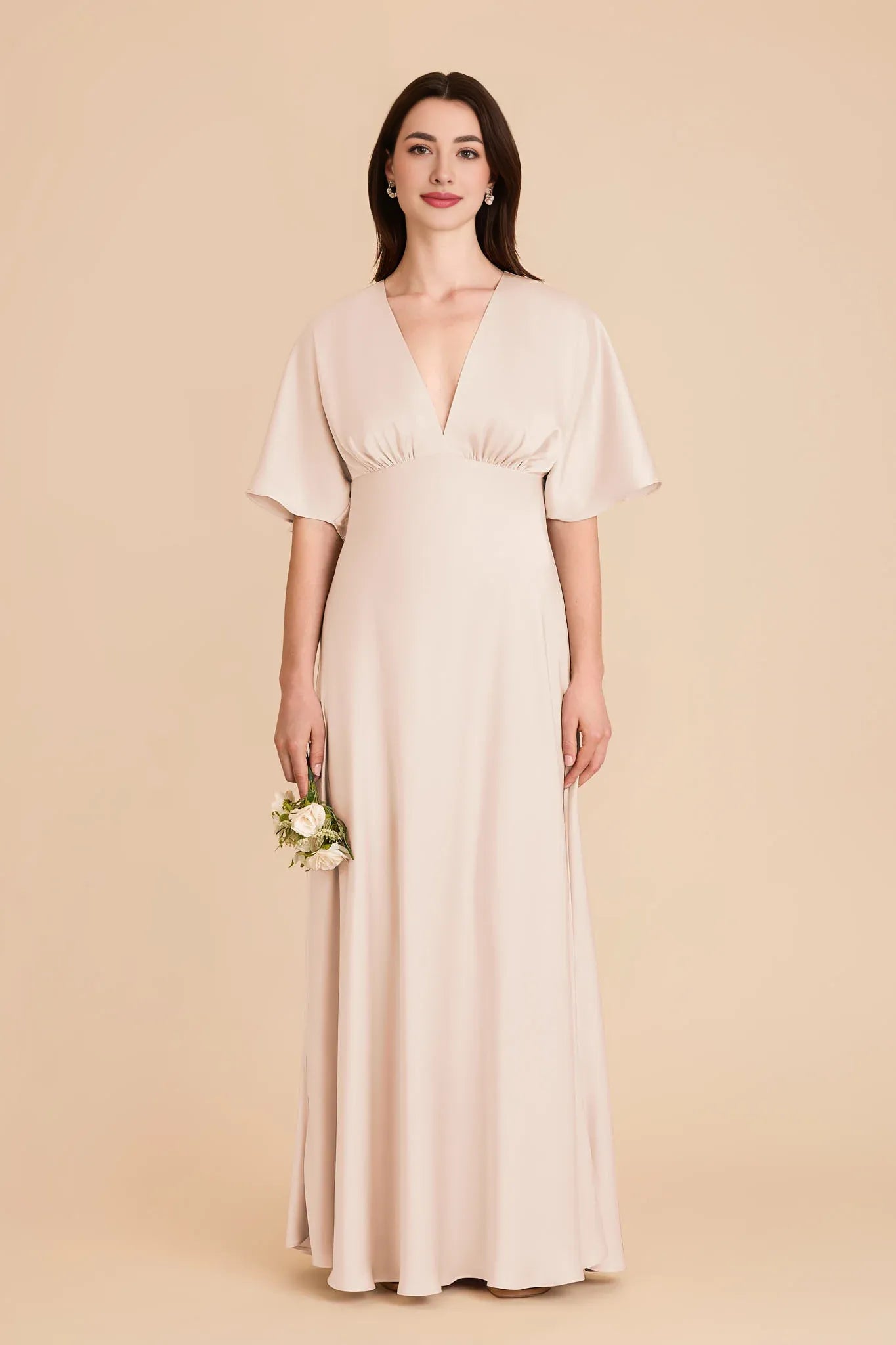 Modern A-Line V Neck Flutter Sleeve Satin Pleated Maxi Bridesmaid Dress