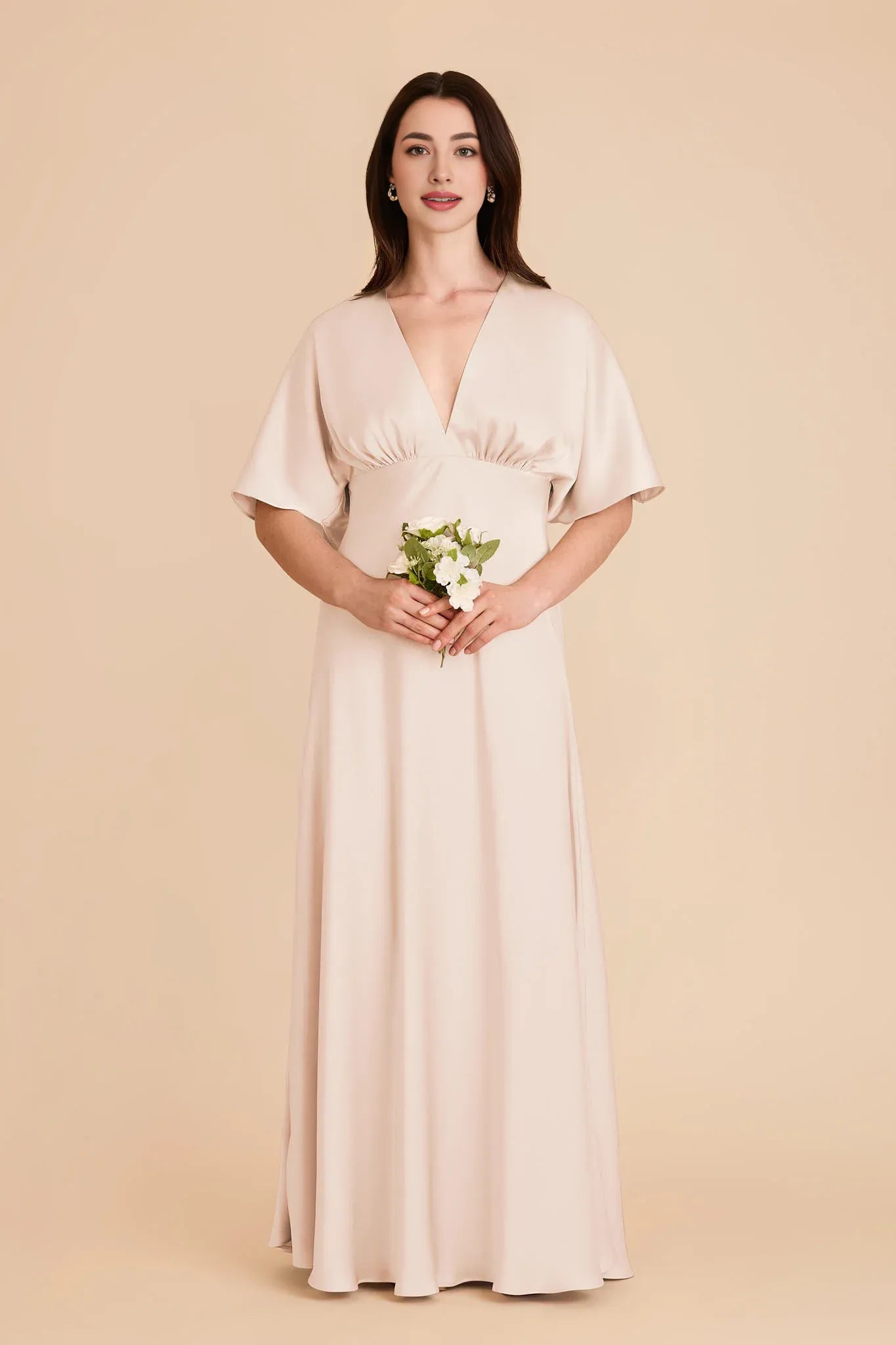 Modern A-Line V Neck Flutter Sleeve Satin Pleated Maxi Bridesmaid Dress