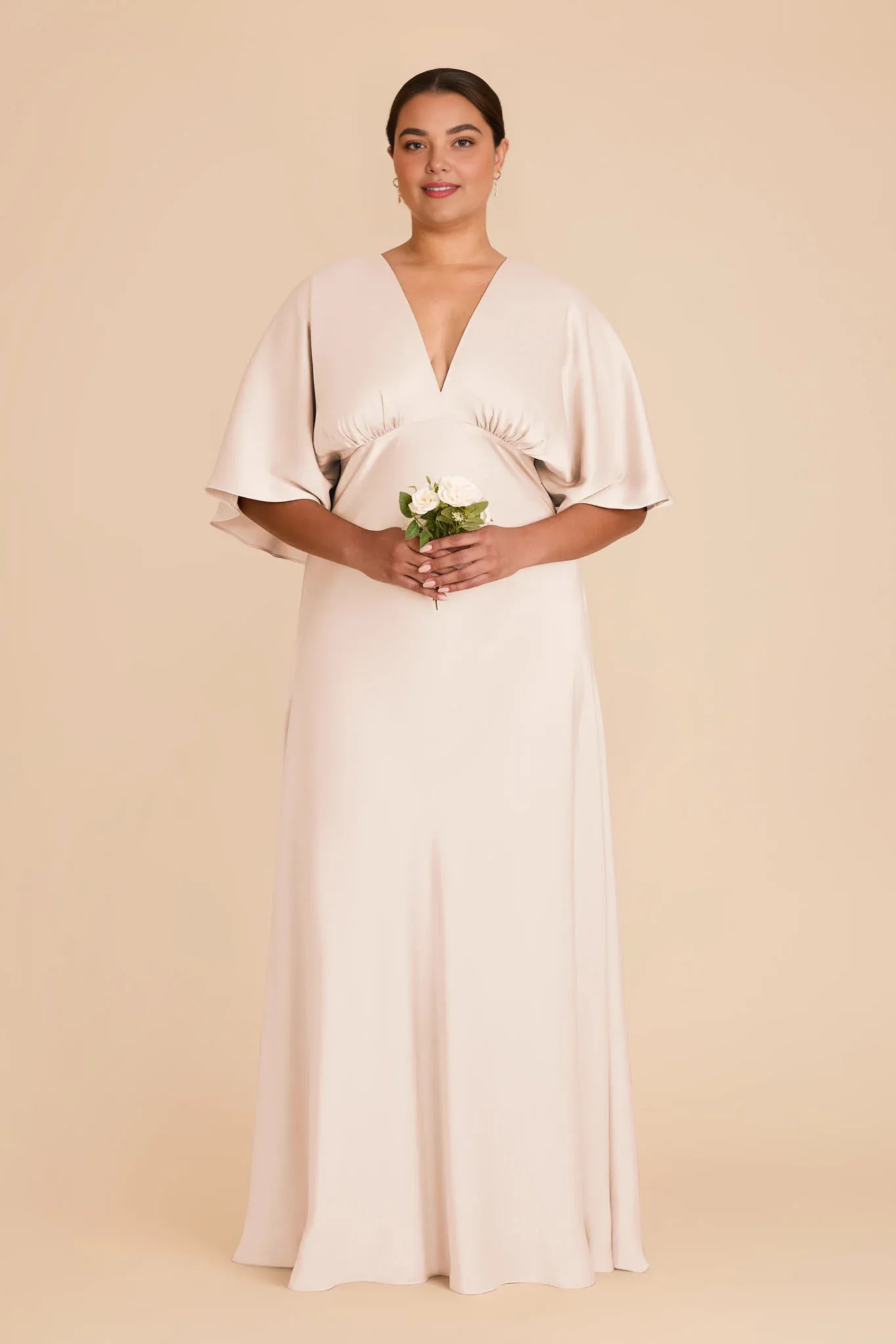 Modern A-Line V Neck Flutter Sleeve Satin Pleated Maxi Bridesmaid Dress