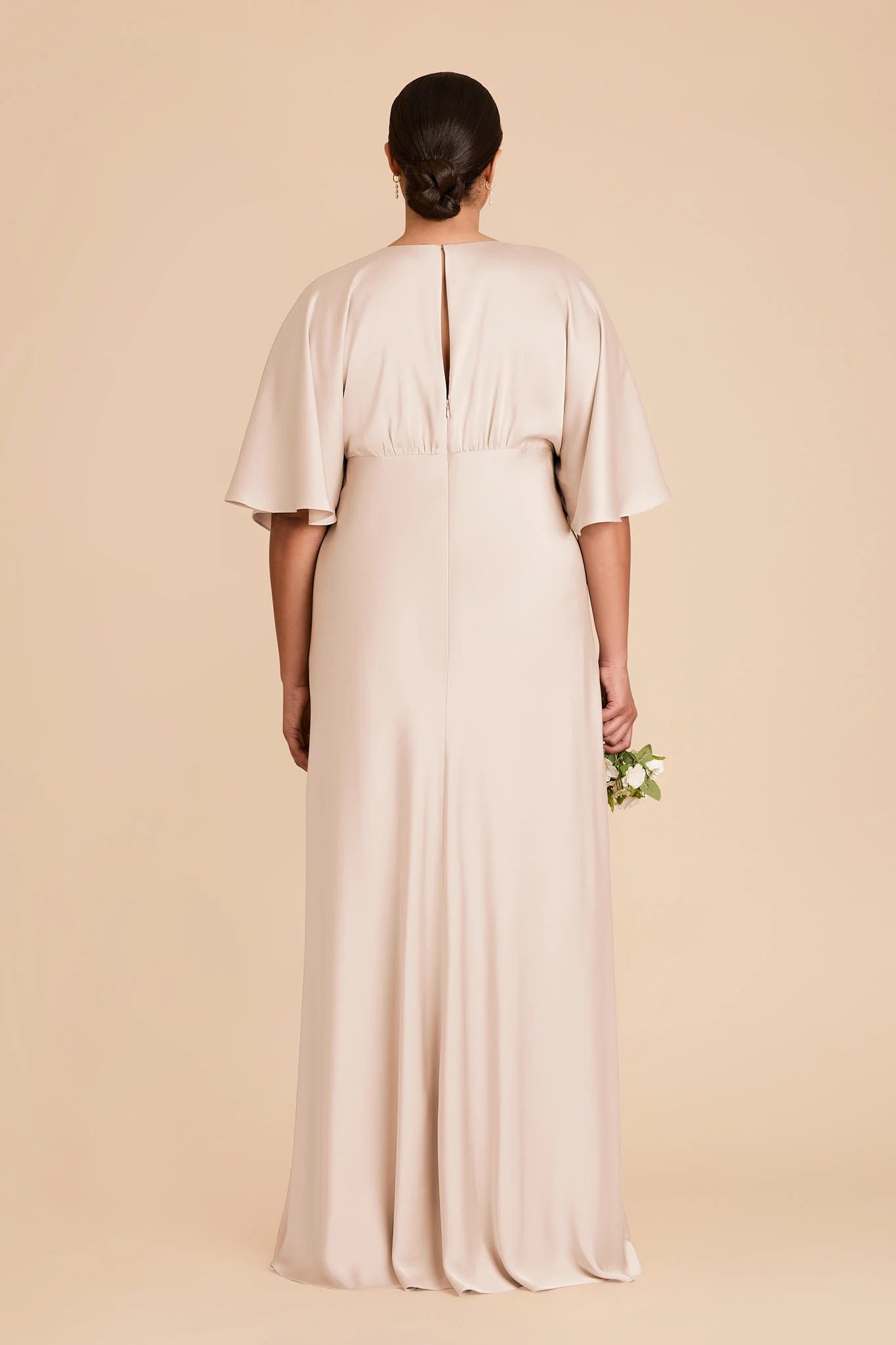 Modern A-Line V Neck Flutter Sleeve Satin Pleated Maxi Bridesmaid Dress