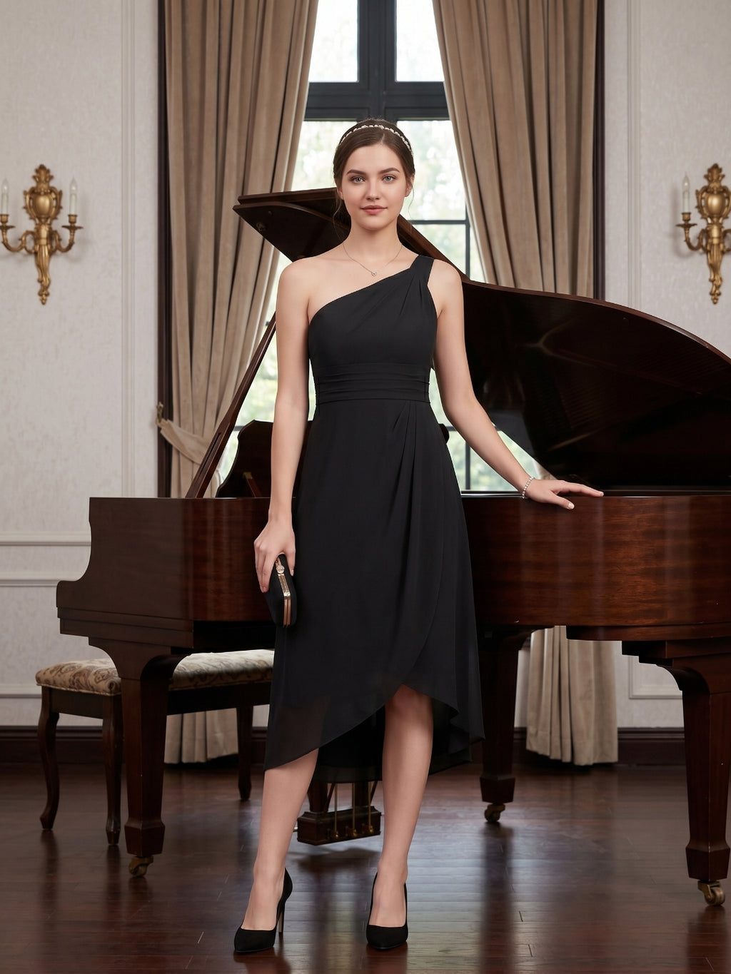 Modern Black Chiffon A-Line One Shoulder Back Zip Asymmetrical  Bridesmaid Dress