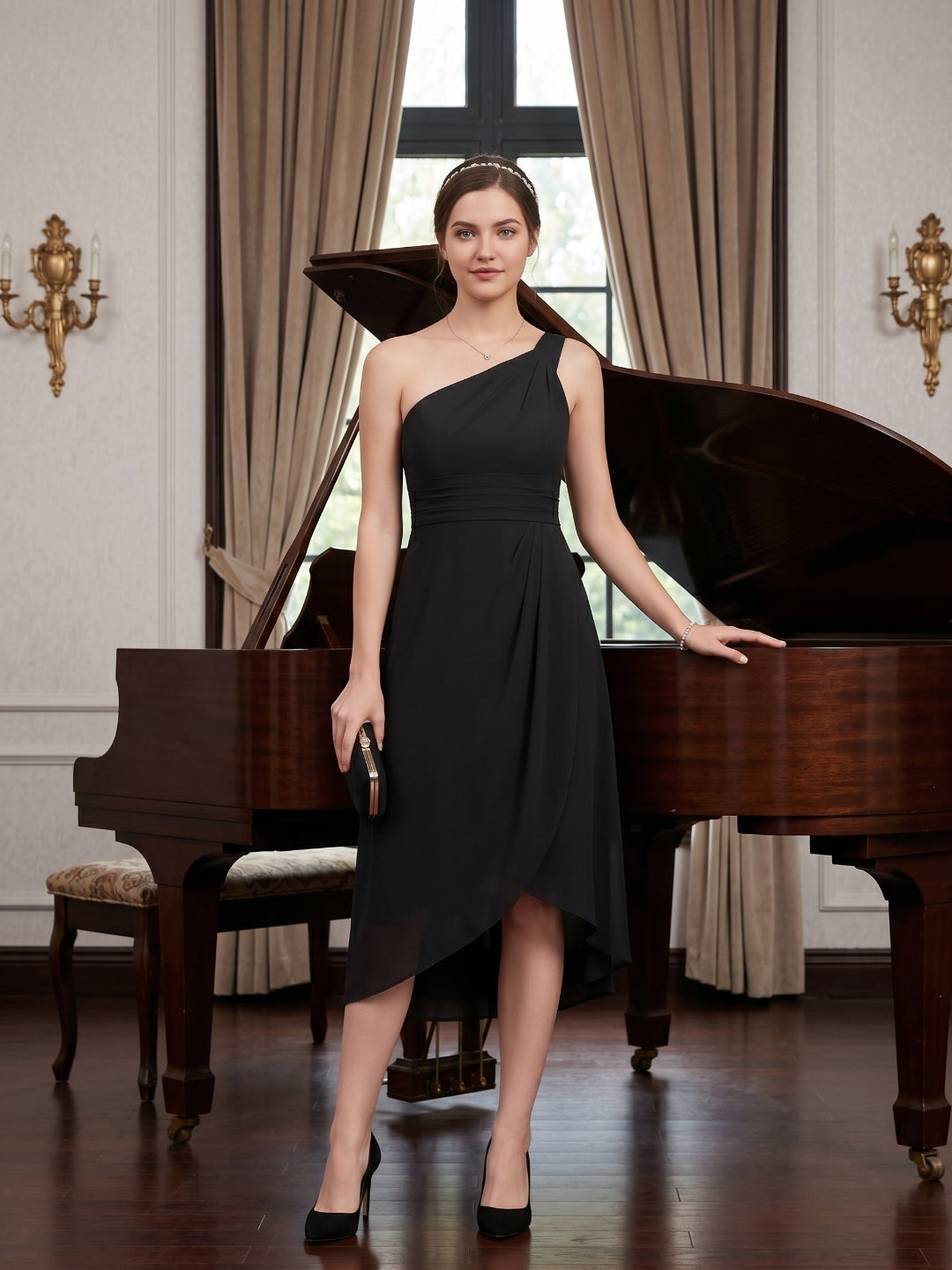 Modern Black Chiffon A-Line One Shoulder Back Zip Asymmetrical  Bridesmaid Dress