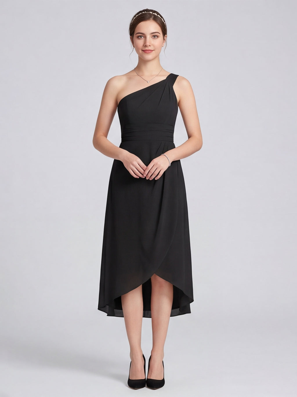 Modern Black Chiffon A-Line One Shoulder Back Zip Asymmetrical  Bridesmaid Dress