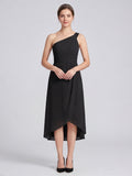 Modern Black Chiffon A-Line One Shoulder Back Zip Asymmetrical  Bridesmaid Dress
