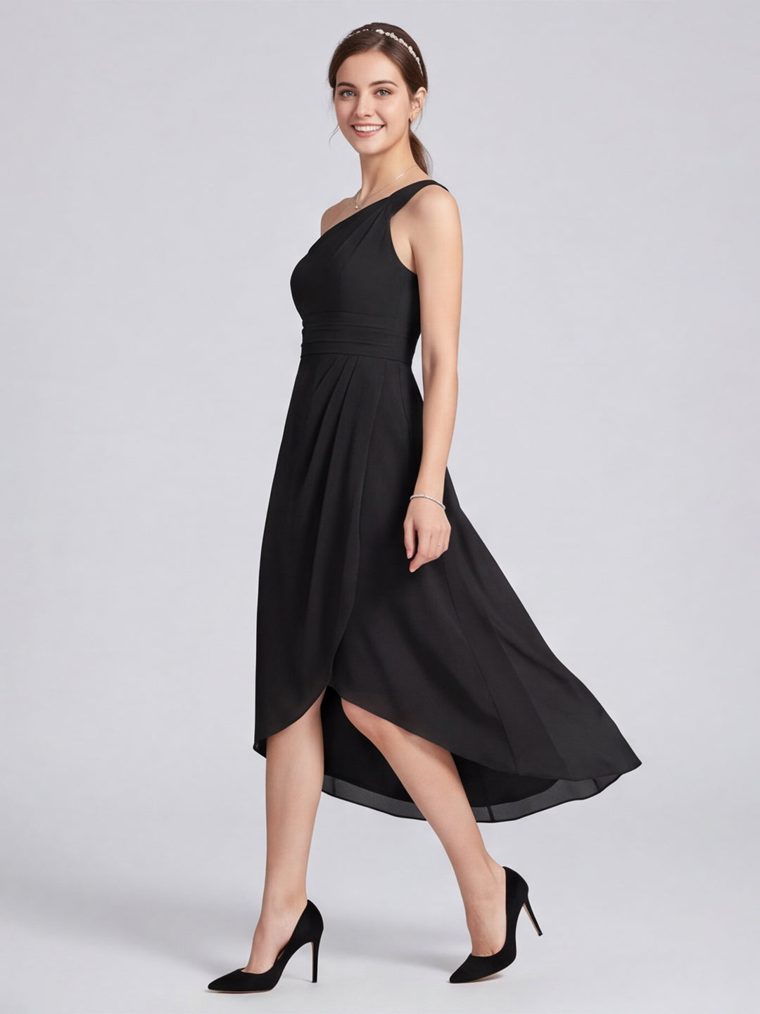 Modern Black Chiffon A-Line One Shoulder Back Zip Asymmetrical  Bridesmaid Dress