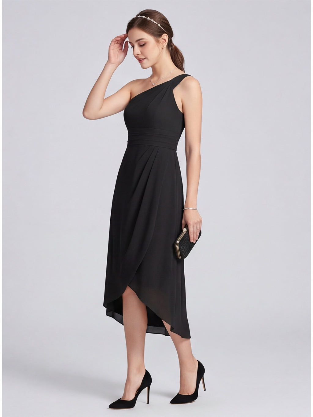 Modern Black Chiffon A-Line One Shoulder Back Zip Asymmetrical  Bridesmaid Dress