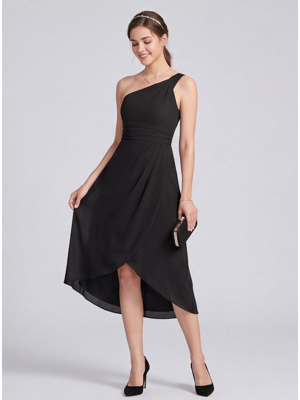 Modern Black Chiffon A-Line One Shoulder Back Zip Asymmetrical  Bridesmaid Dress