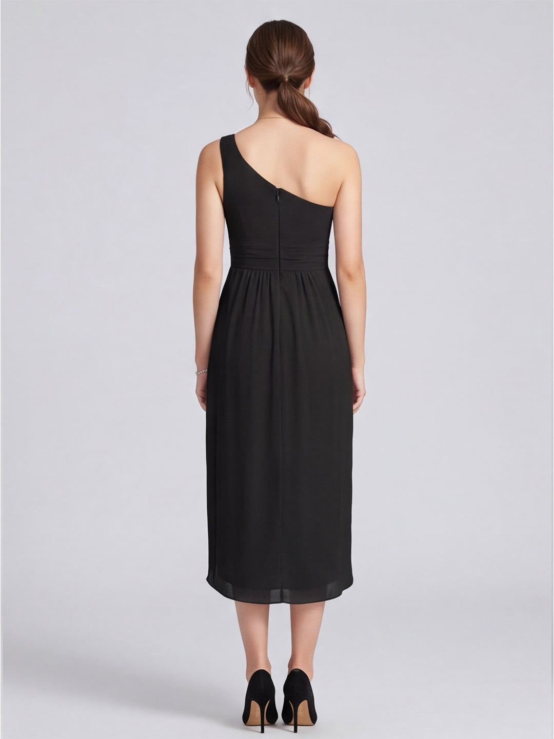 Modern Black Chiffon A-Line One Shoulder Back Zip Asymmetrical  Bridesmaid Dress