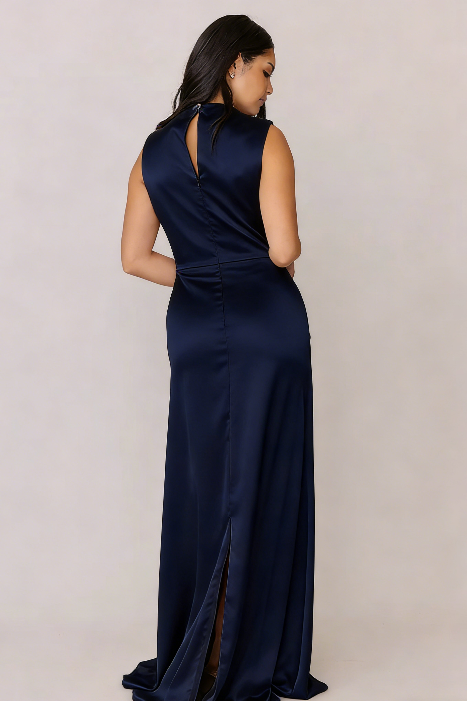 Modern Cowl Neck Sleeveless Satin Mermaid Bridesmaid Dress with Back Slit