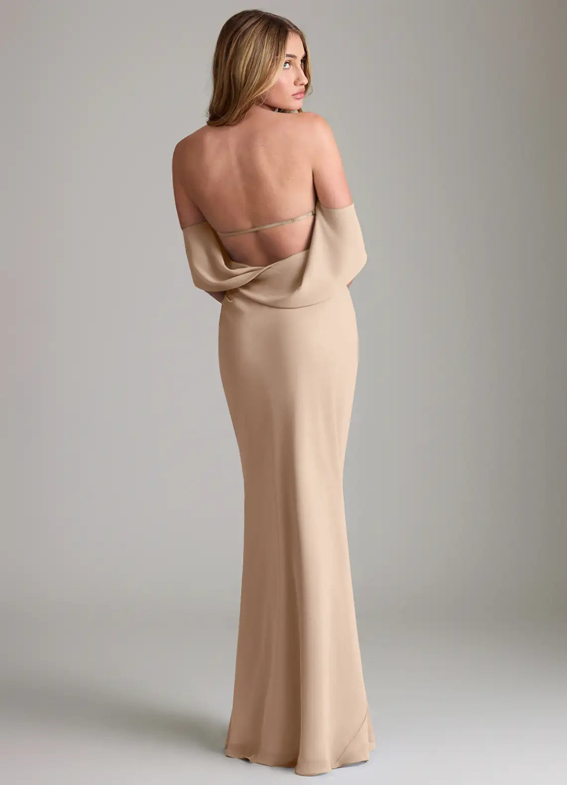 Modern Draped Bridesmaid Dress with Off-the-Shoulder Neck, Open Back and Mermaid Silhouette
