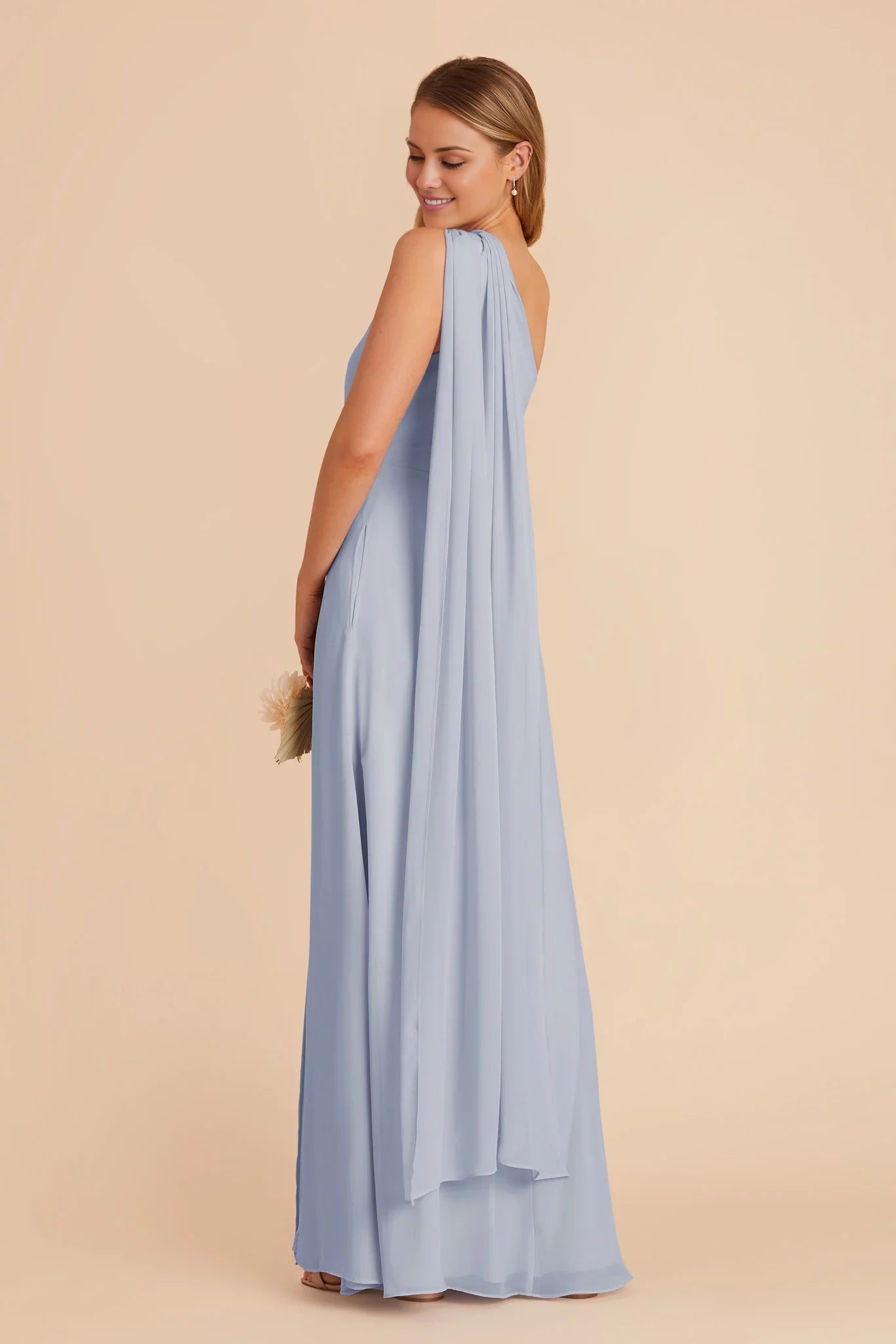 Modern Dusty Blue Chiffon One-Shoulder Maxi Bridesmaid Dress with Draped Sash & High Side Slit