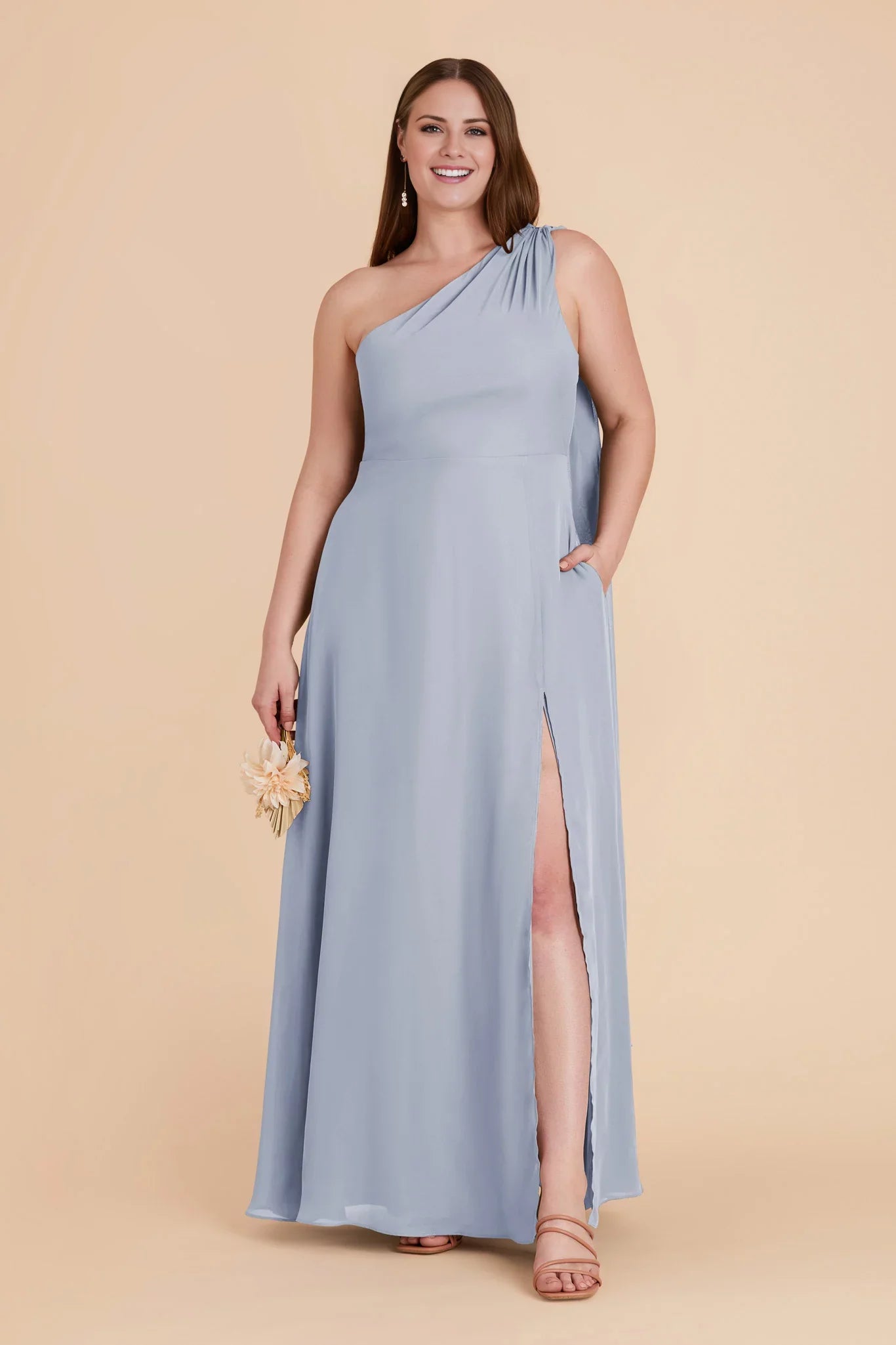 Modern Dusty Blue Chiffon One-Shoulder Maxi Bridesmaid Dress with Draped Sash & High Side Slit
