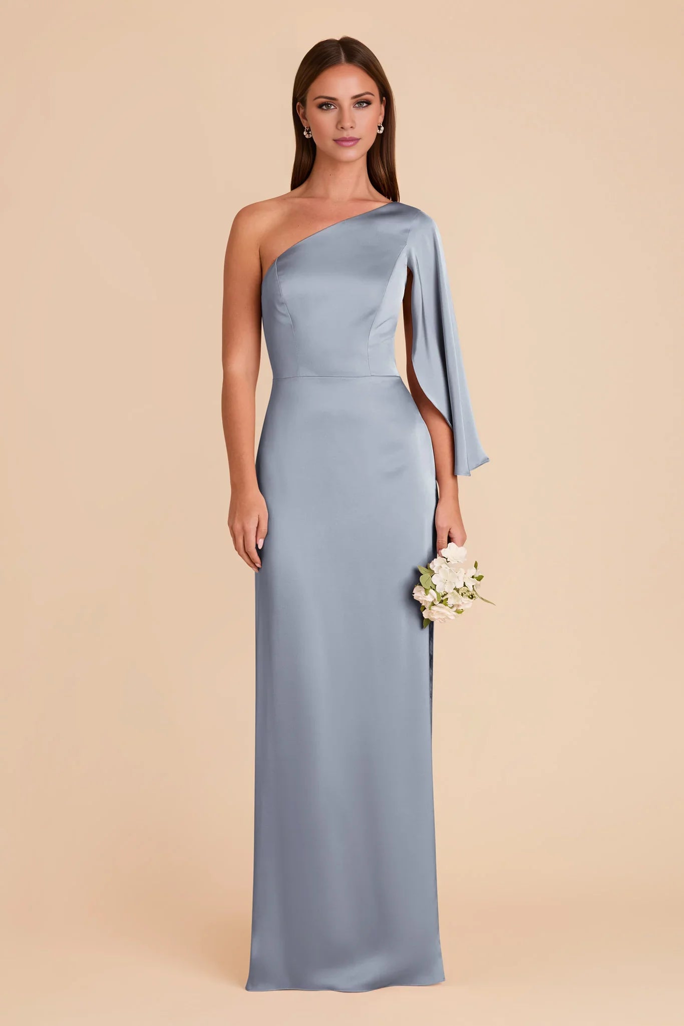 Modern Dusty Blue Satin One-Shoulder Cape-Sleeve Form-Fitting Floor-Length Bridesmaid Gown