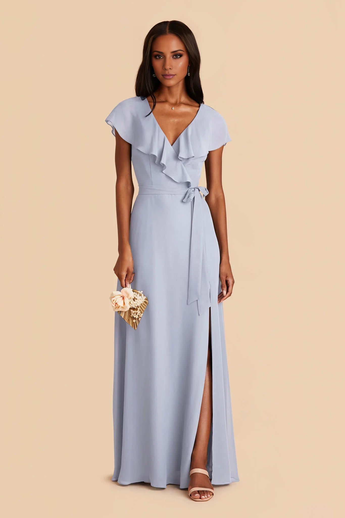 Modern Dusty Blue Satin One-Shoulder Cape-Sleeve Form-Fitting Floor-Length Bridesmaid Gown
