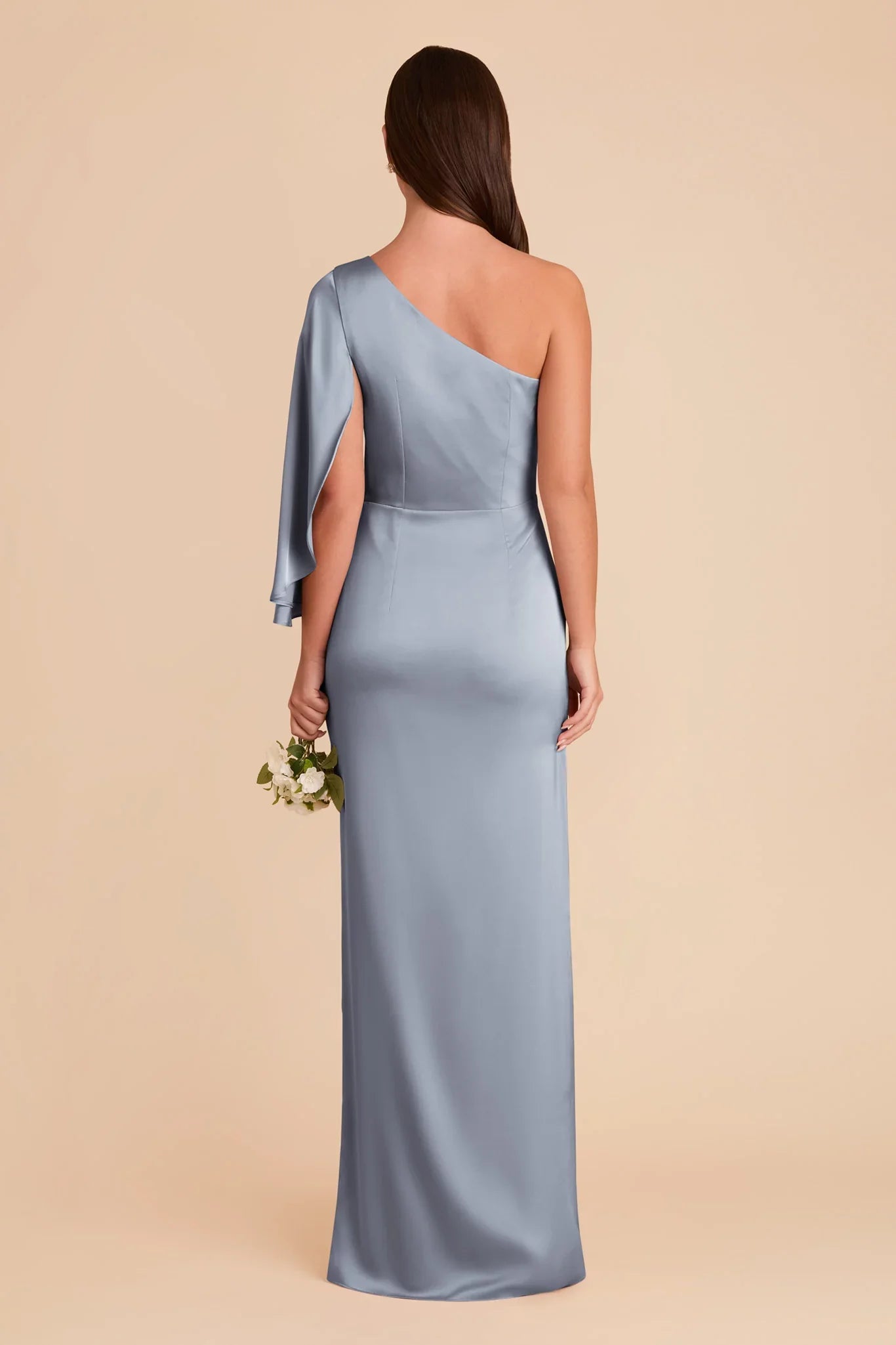 Modern Dusty Blue Satin One-Shoulder Cape-Sleeve Form-Fitting Floor-Length Bridesmaid Gown