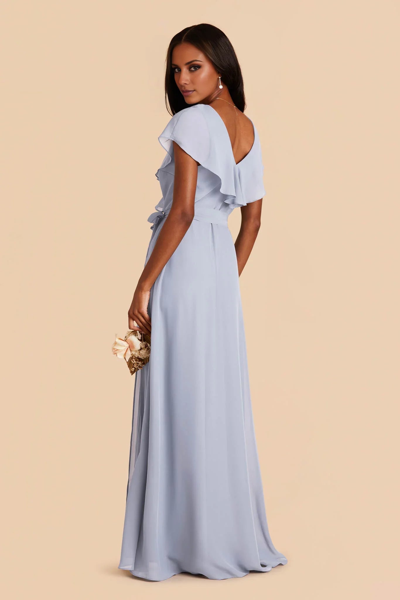 Modern Dusty Blue Satin One-Shoulder Cape-Sleeve Form-Fitting Floor-Length Bridesmaid Gown