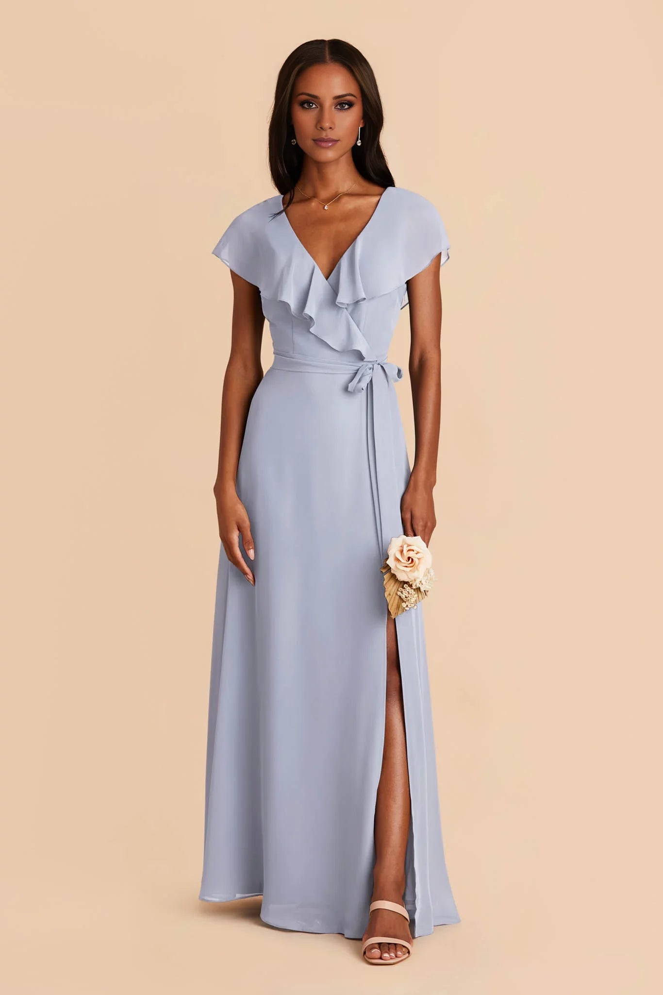 Modern Dusty Blue Satin One-Shoulder Cape-Sleeve Form-Fitting Floor-Length Bridesmaid Gown