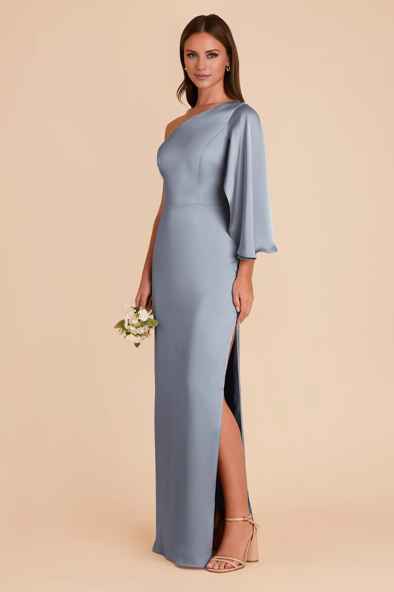 Modern Dusty Blue Satin One-Shoulder Cape-Sleeve Form-Fitting Floor-Length Bridesmaid Gown