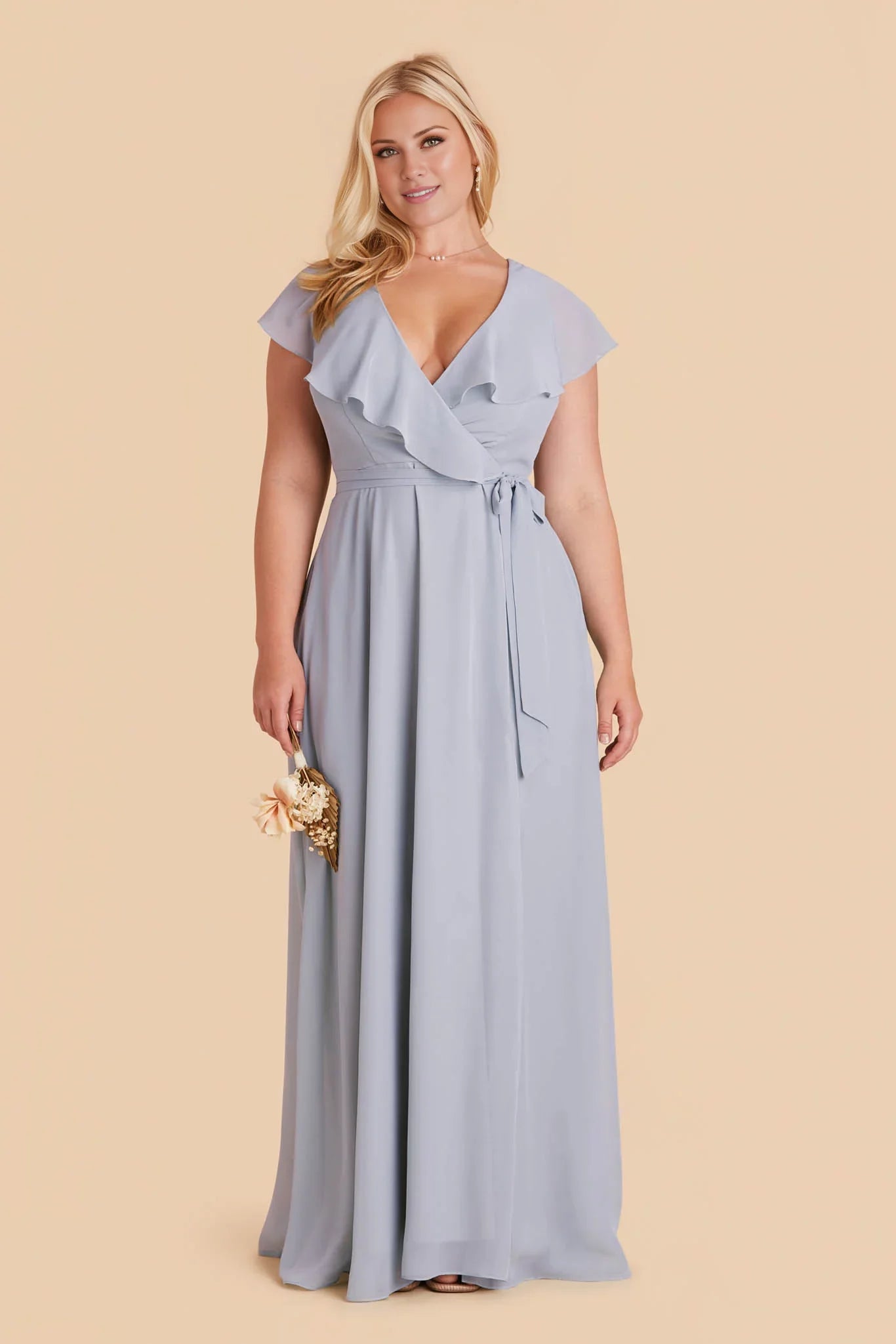 Modern Dusty Blue Satin One-Shoulder Cape-Sleeve Form-Fitting Floor-Length Bridesmaid Gown