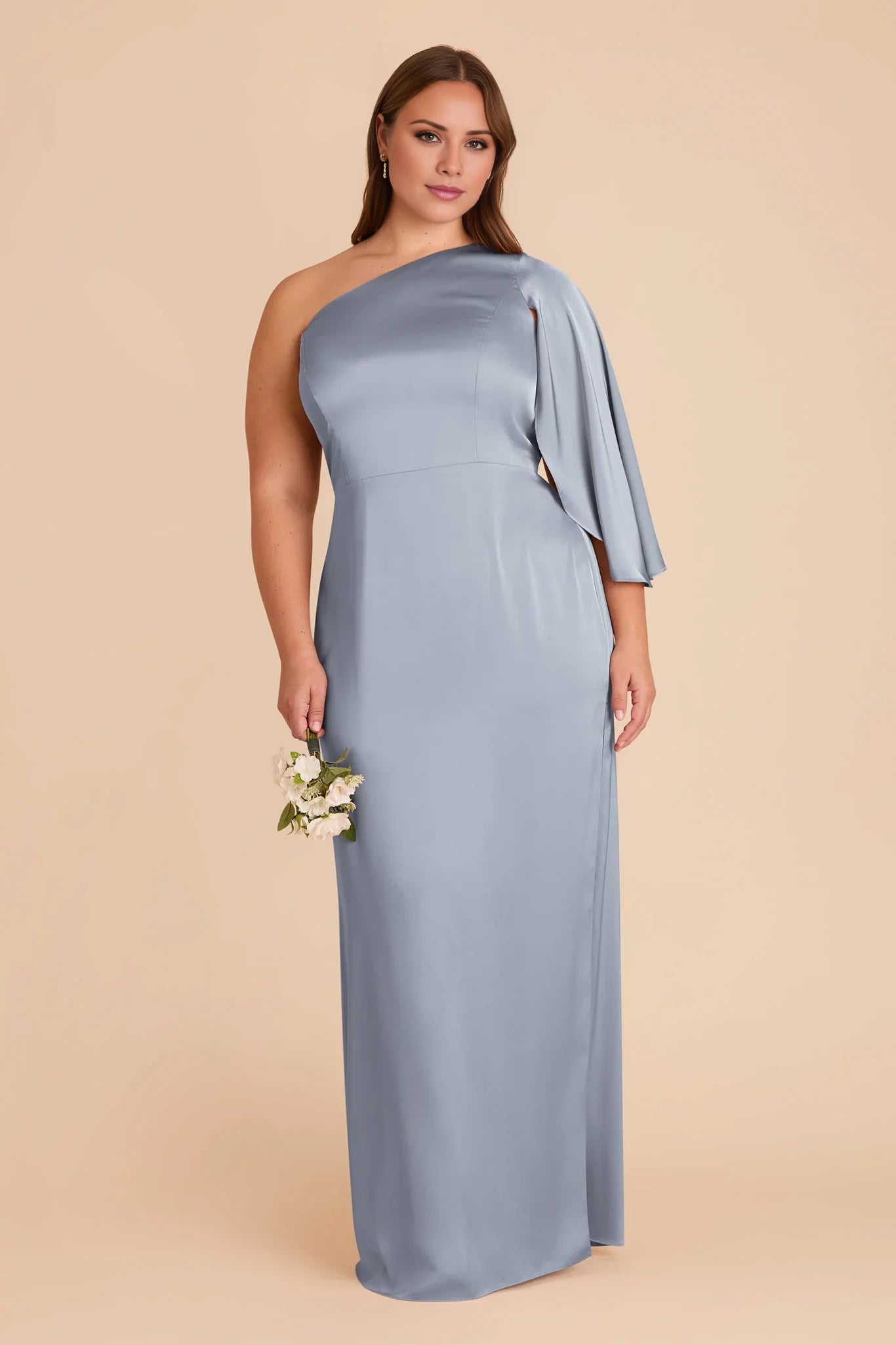 Modern Dusty Blue Satin One-Shoulder Cape-Sleeve Form-Fitting Floor-Length Bridesmaid Gown